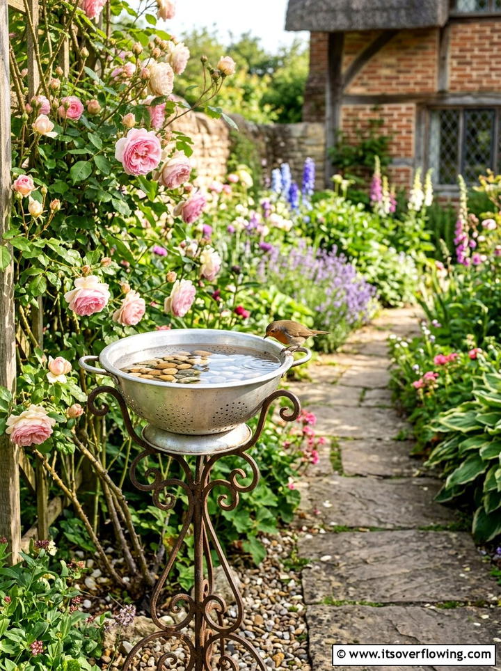 Colander Bird Bath - 25 upcycled garden ideas for renters