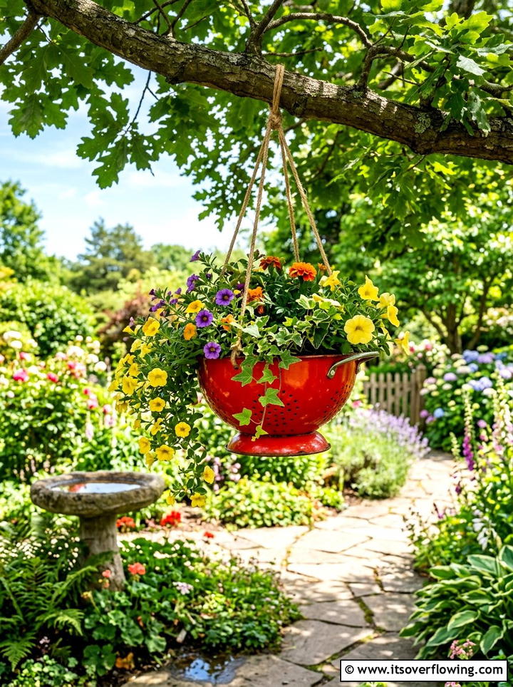 Colander Flower Box - 25 upcycled garden ideas with flower boxes