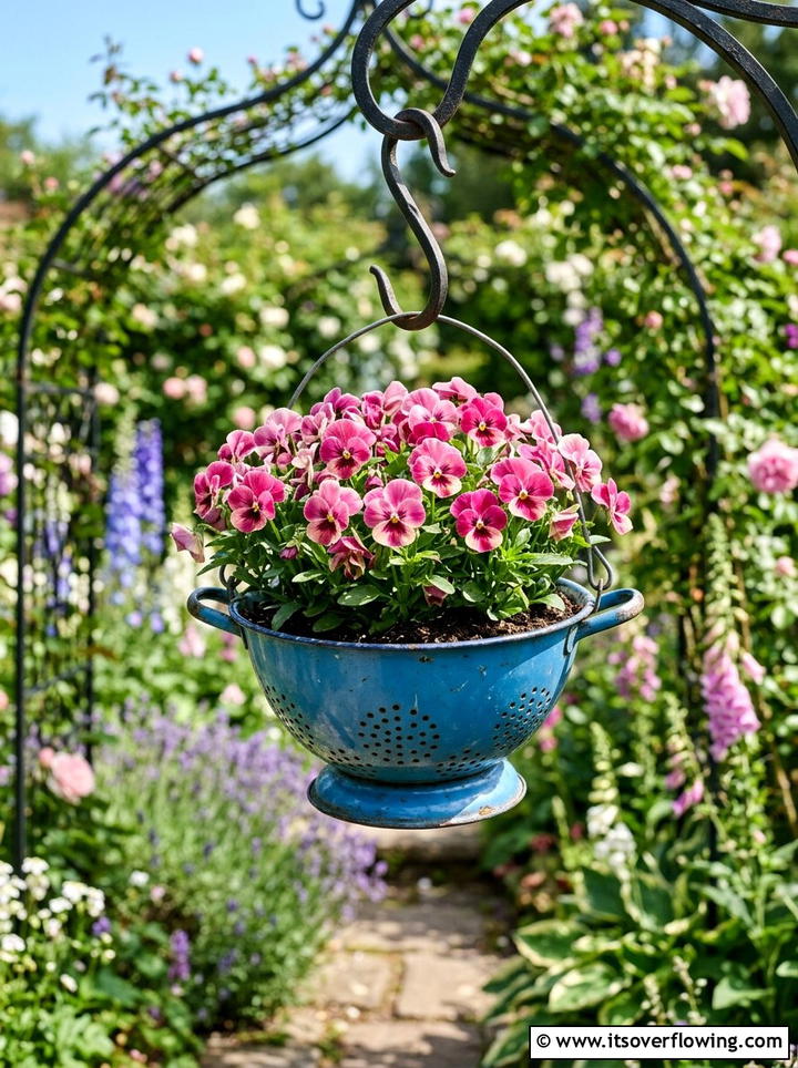 Colander Flower Pot - 25 cheap garden ideas with container gardening