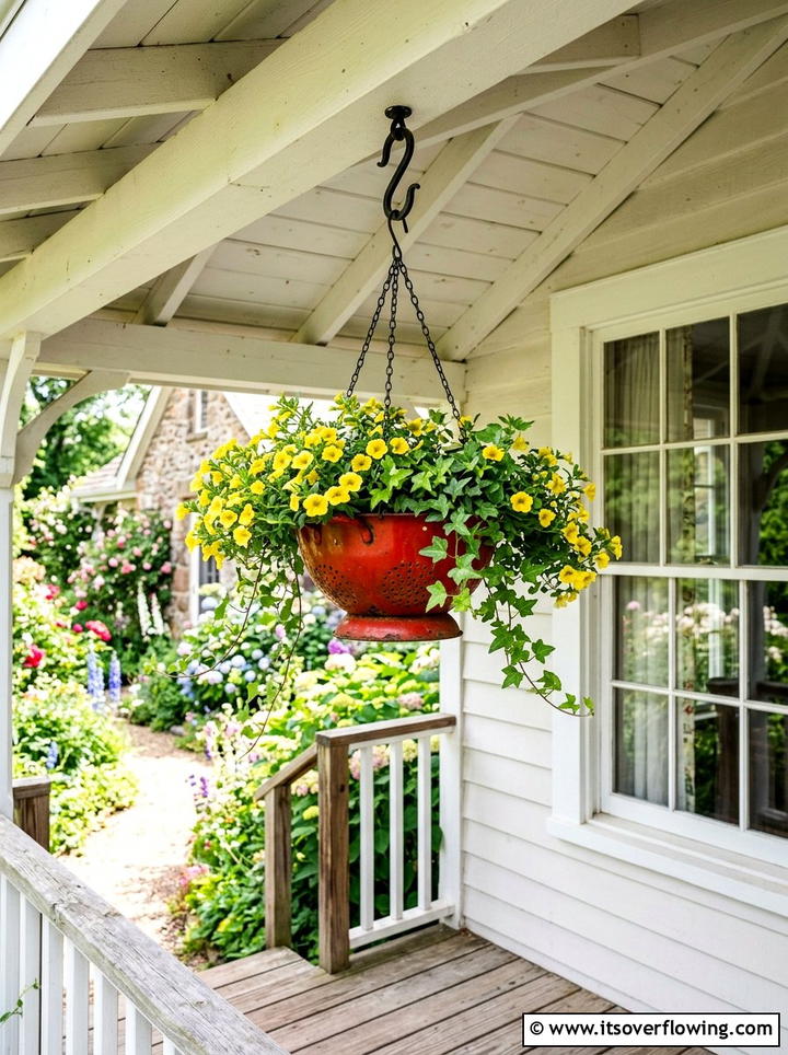 Colander Hanging Basket - 25 recycled garden ideas for small spaces