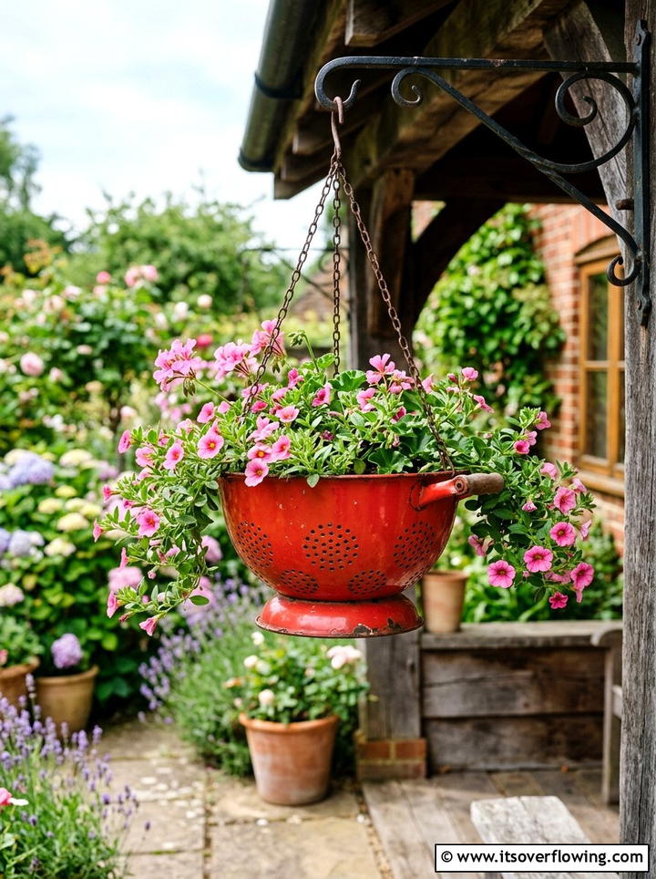 Colander Hanging Basket - 25 recycled garden ideas with composting
