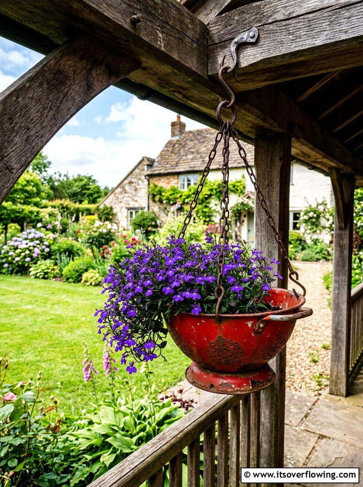Colander Hanging Basket - 25 recycled garden ideas with old kitchenware