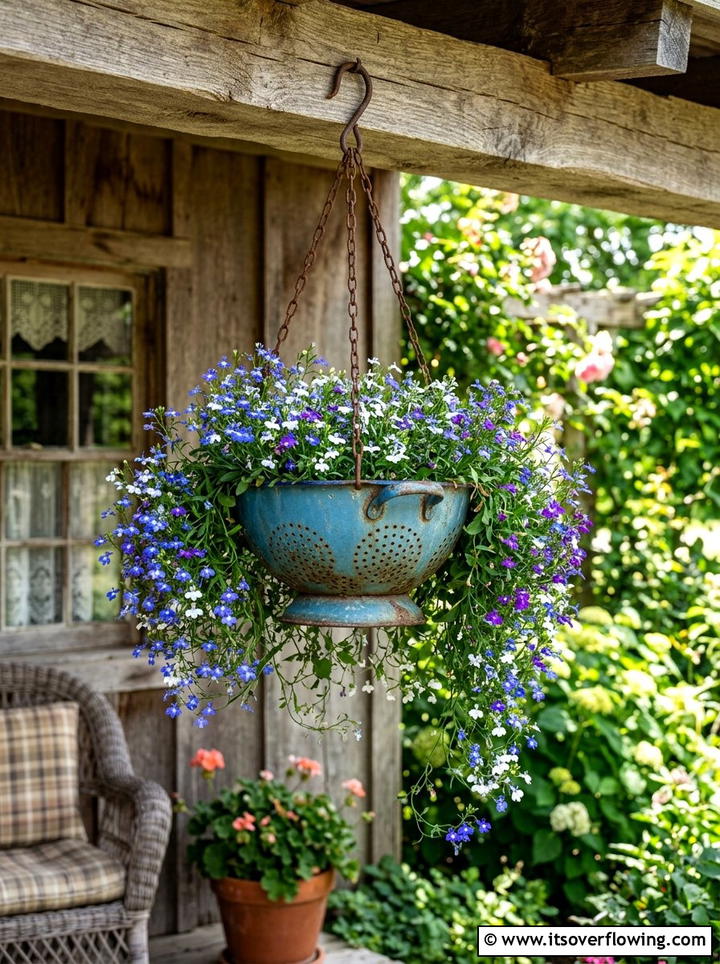 Colander Hanging Basket - 25 recycled garden ideas with pallet wall garden