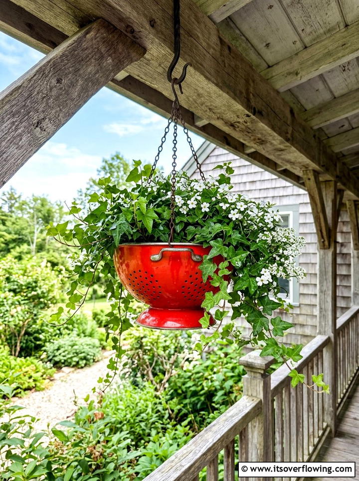 Colander Hanging Basket - 25 upcycled garden ideas for backyards