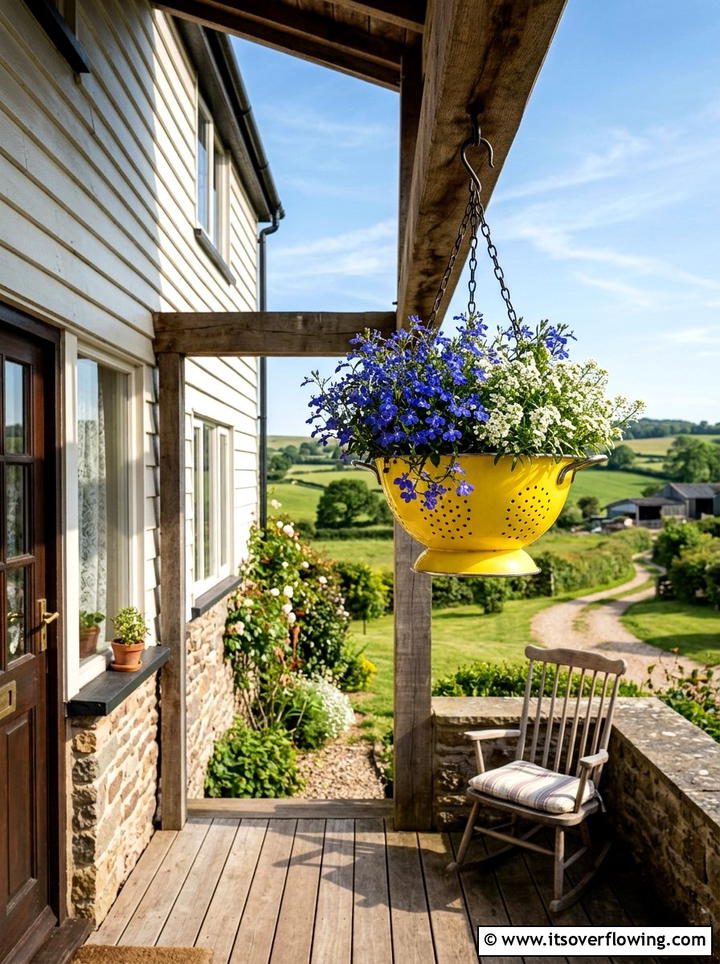 Colander Hanging Basket - 25 cheap garden ideas with dollar store decor