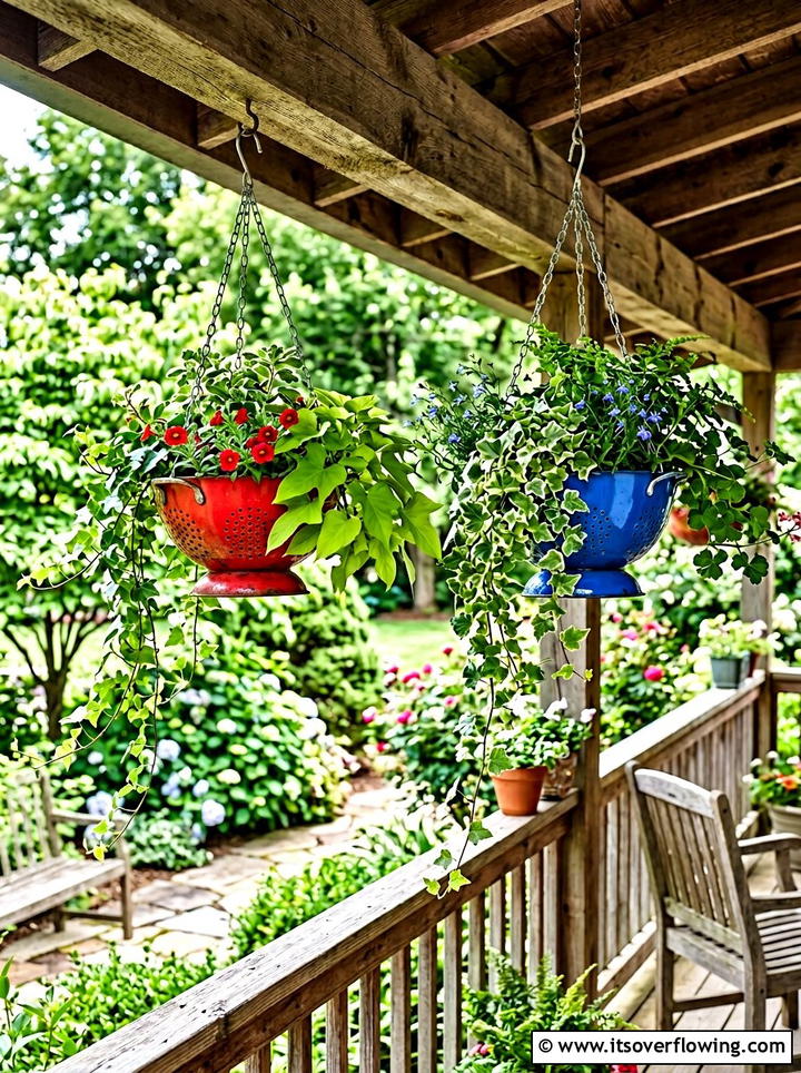 Colander Hanging Basket - 25 upcycled garden ideas for patios