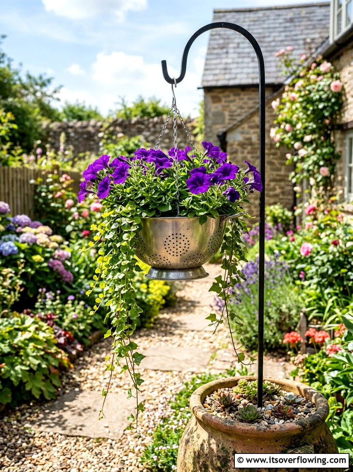 Colander Hanging Basket - 25 upcycled garden ideas for renters