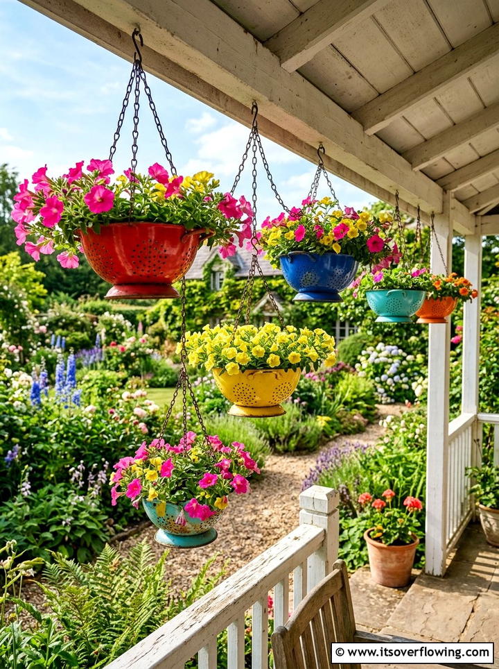 Colander Hanging Basket - 25 upcycled garden ideas for tiny yards