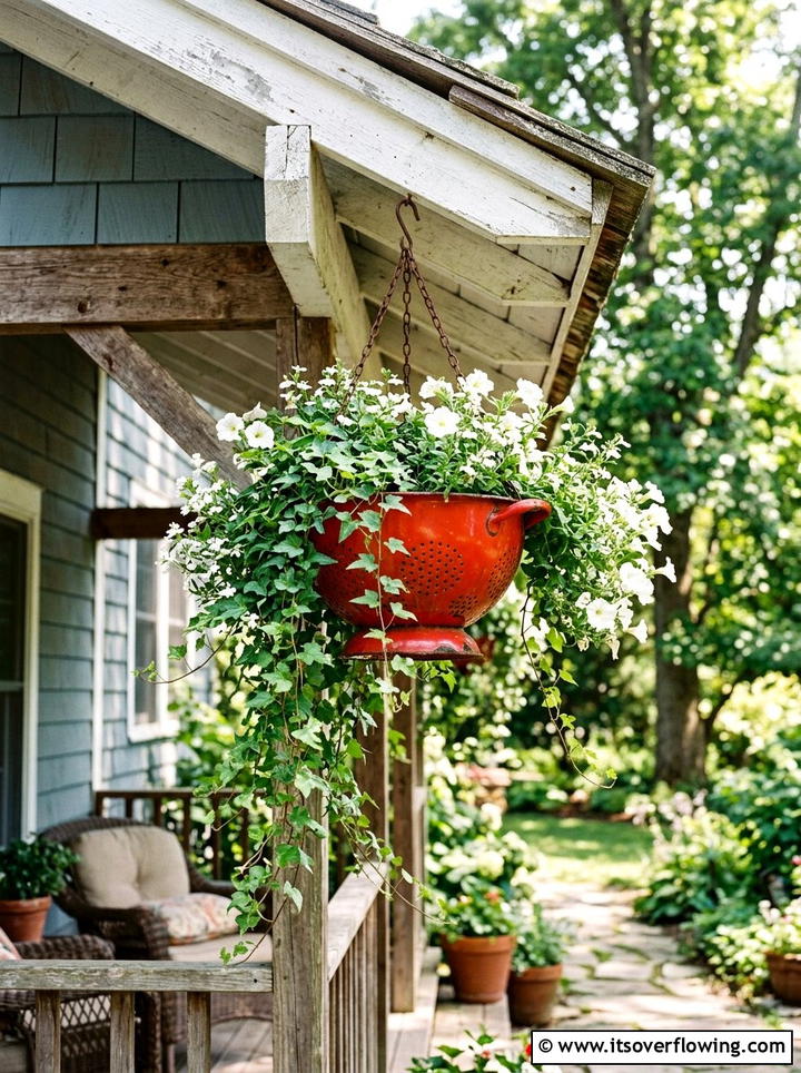 Colander Hanging Basket - 25 upcycled garden ideas with rustic style