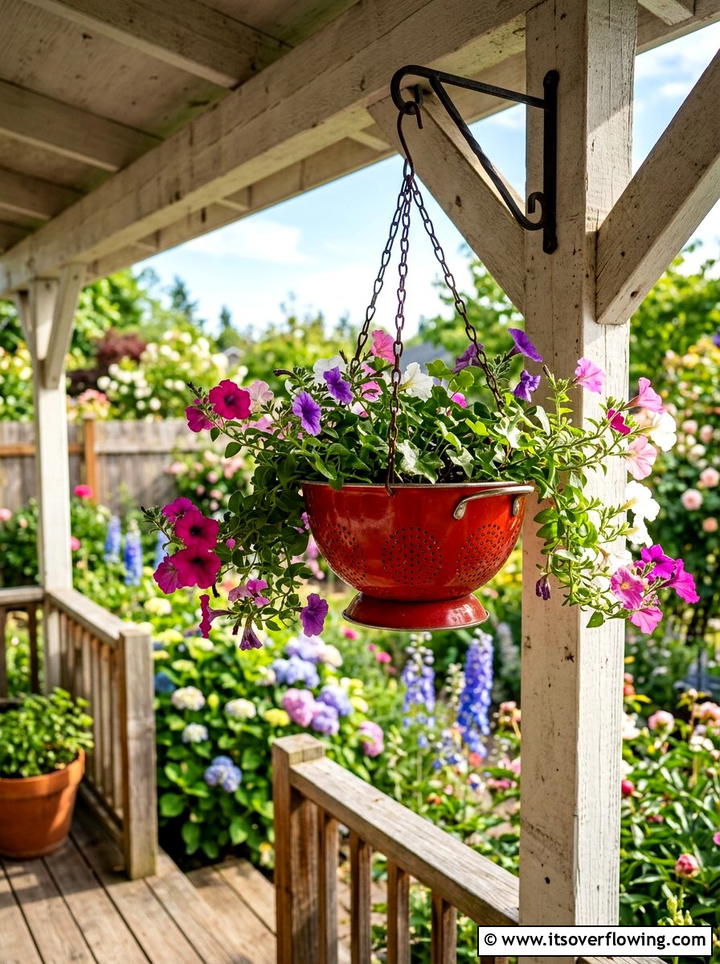 Colander Hanging Basket - 25 cheap garden ideas with simple planters