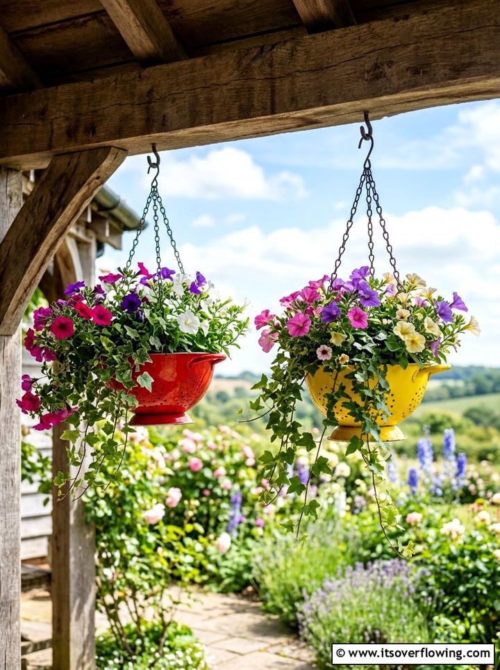Colander Hanging Basket - 25 recycled garden ideas for backyard decor