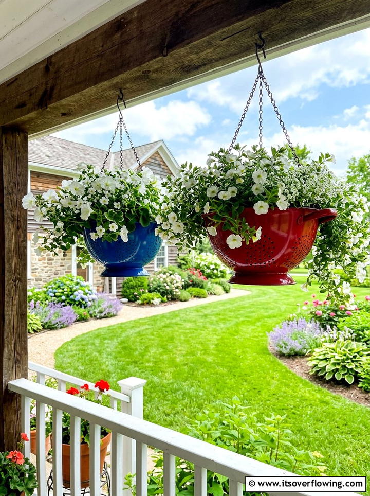 Colander Hanging Basket Display - 25 recycled garden ideas for kids
