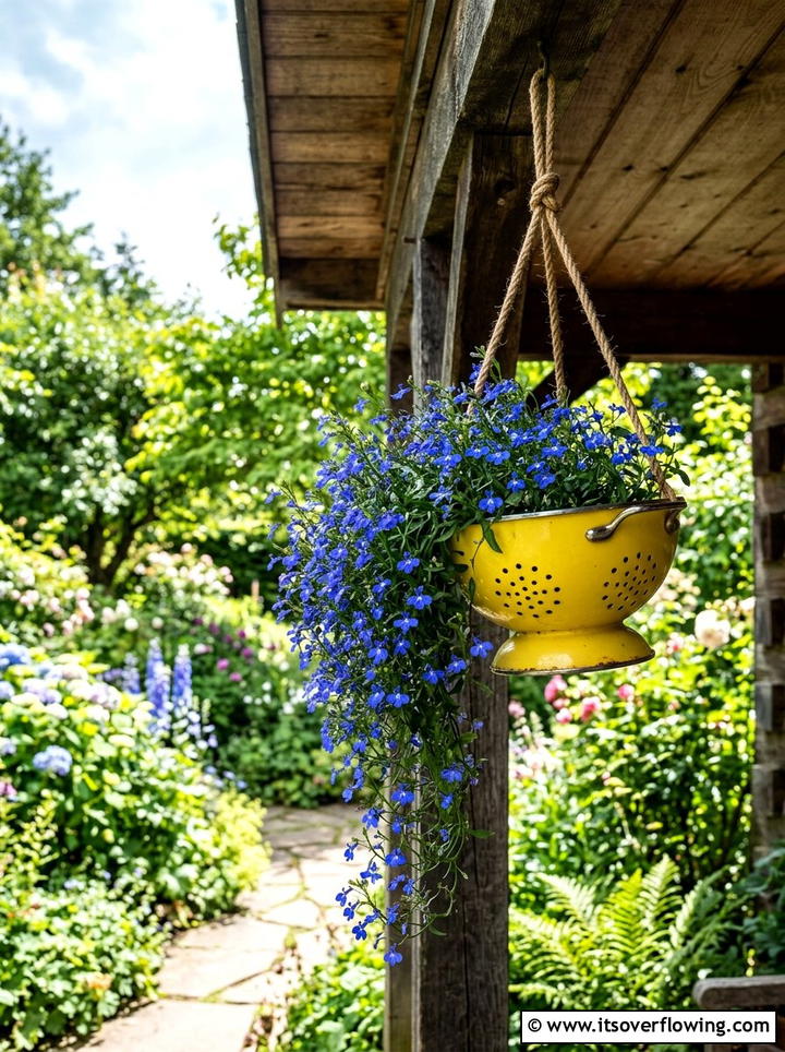 Colander Hanging Basket For Flowers - 25 upcycled garden ideas for small gardens