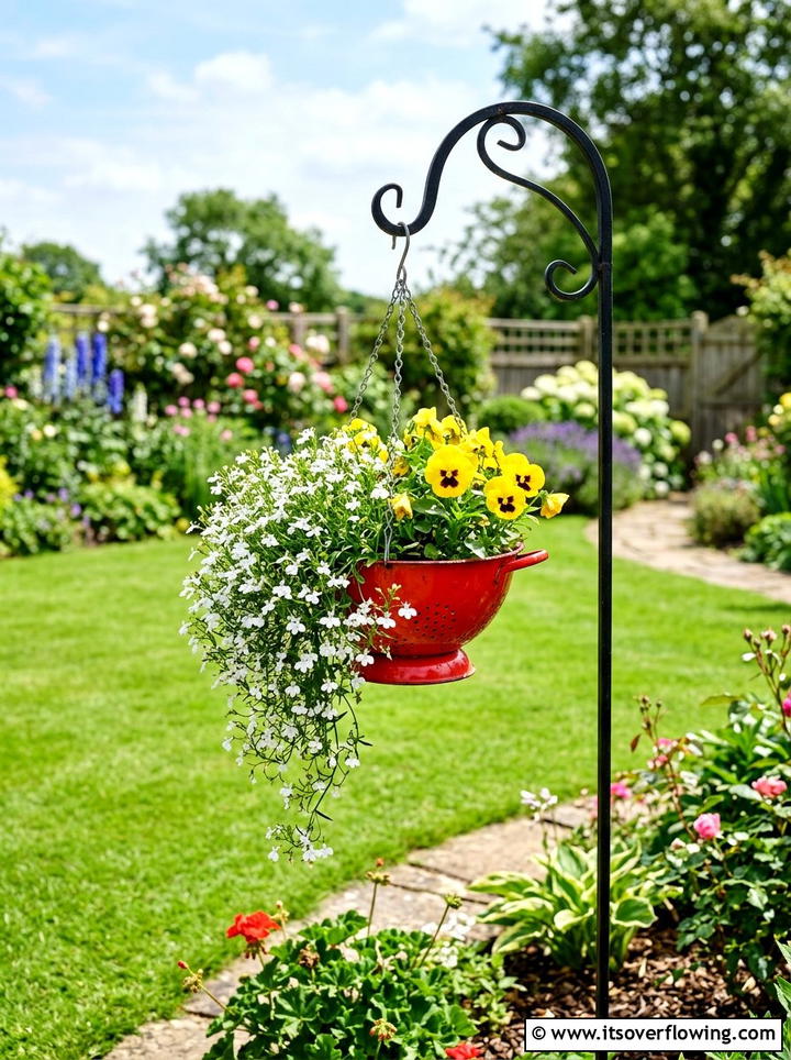 Colander Hanging Basket - 25 backyard decorating ideas with recycled materials