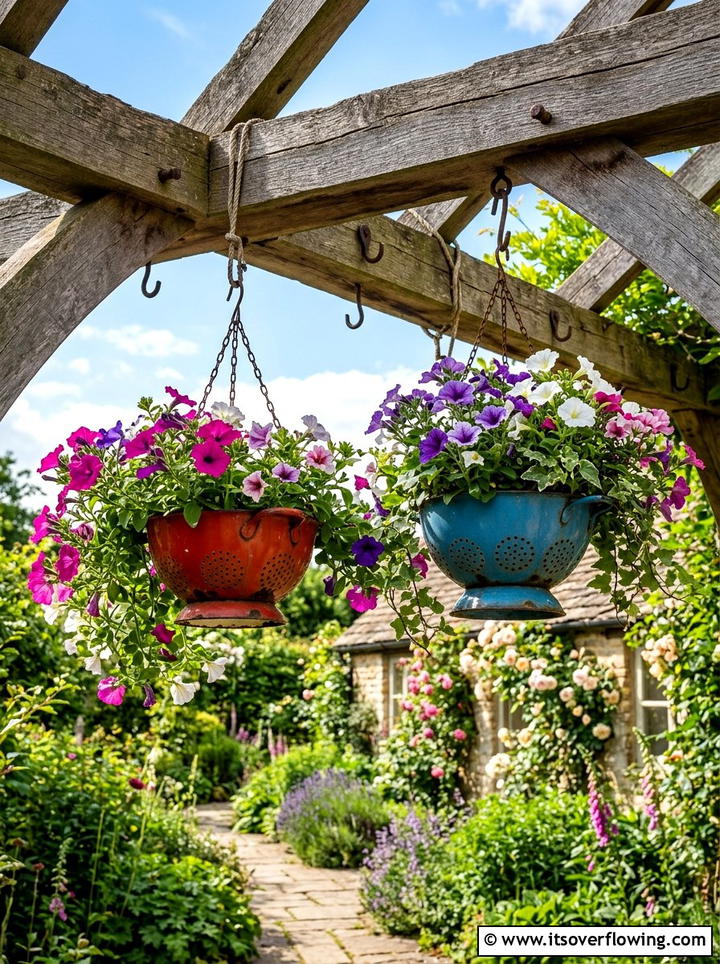 Colander Hanging Baskets - 25 upcycled garden ideas for community gardens