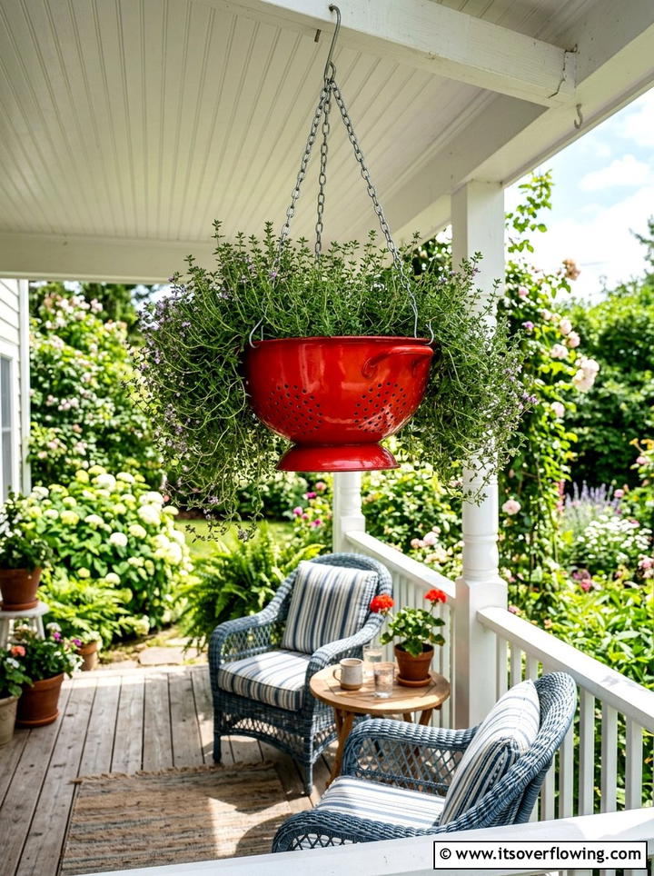 Colander Hanging Herb Garden - 25 reusing old things ideas for herb garden