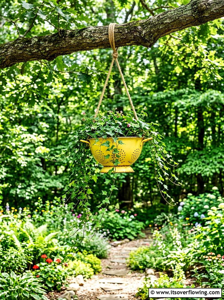Colander Hanging Planter - 25 garden decor ideas on a budget