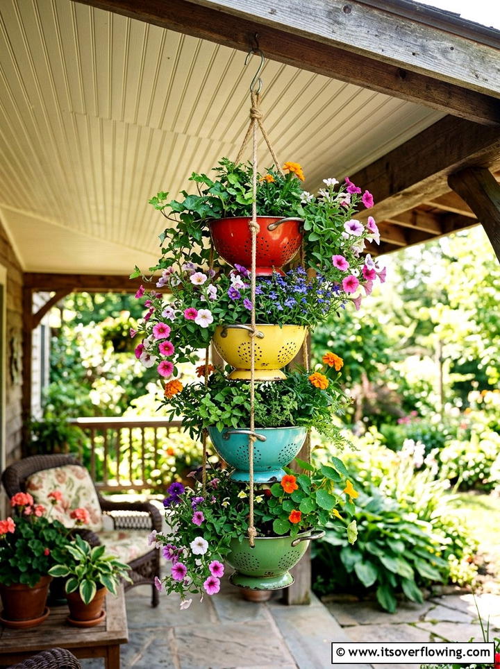 Colander Hanging Planter - 25 recycled garden ideas for community spaces