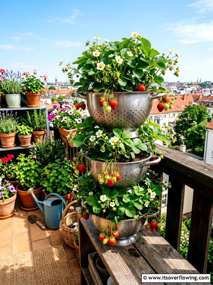 Colander Strawberry Tower - 25 recycled garden ideas with old kitchenware