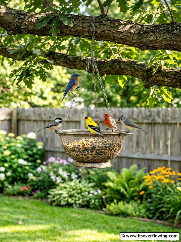 Colander bird feeder - 25 upcycled garden ideas with old colanders