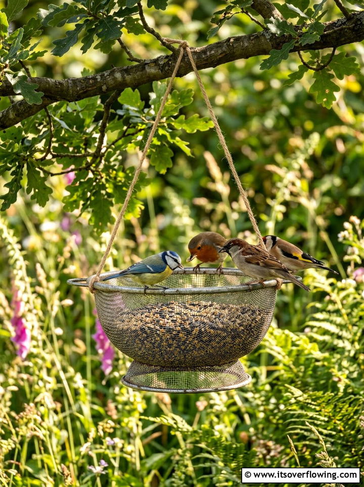 Colander bird feeder - 25 recycled garden ideas with old colanders