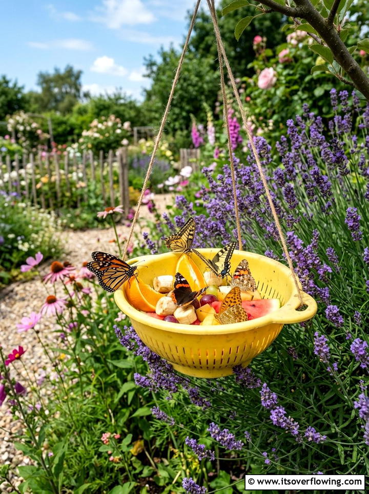Colander butterfly feeder - 25 recycled garden ideas with old colanders