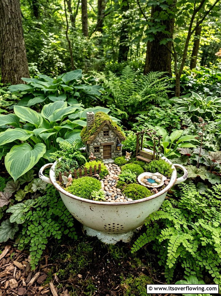 Colander fairy garden - 25 recycled garden ideas with old colanders
