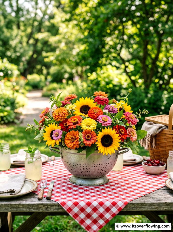 Colander flower basket - 25 upcycled garden ideas with old colanders