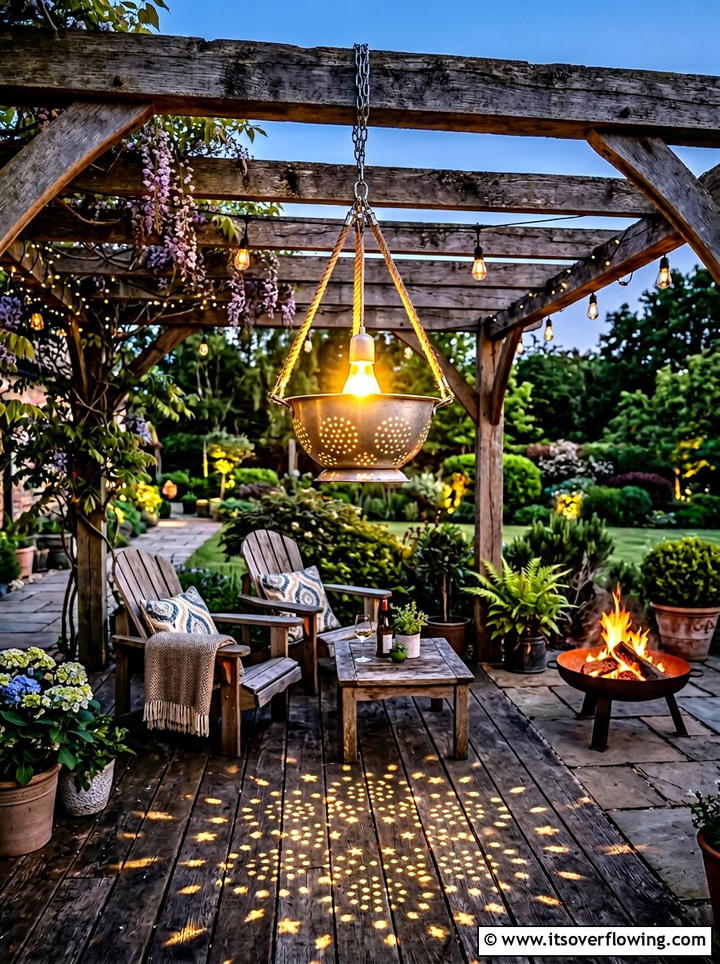 Colander garden light - 25 upcycled garden ideas with old colanders