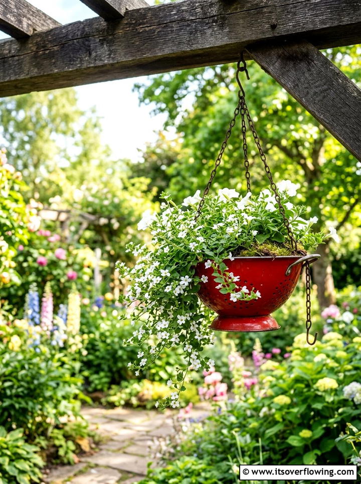 Colander hanging basket - 25 reusing old things ideas for garden