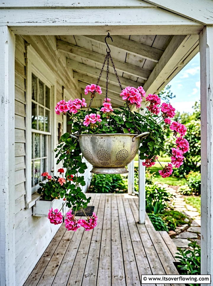 Colander hanging basket - 25 upcycled garden ideas for narrow spaces