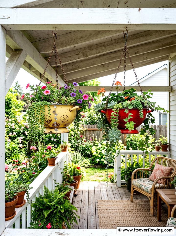 Colander hanging basket - 25 upcycled garden ideas with boho style