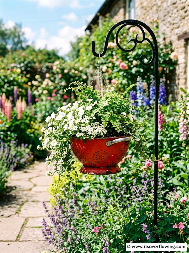 Colander hanging basket - 25 upcycled garden ideas with kids projects
