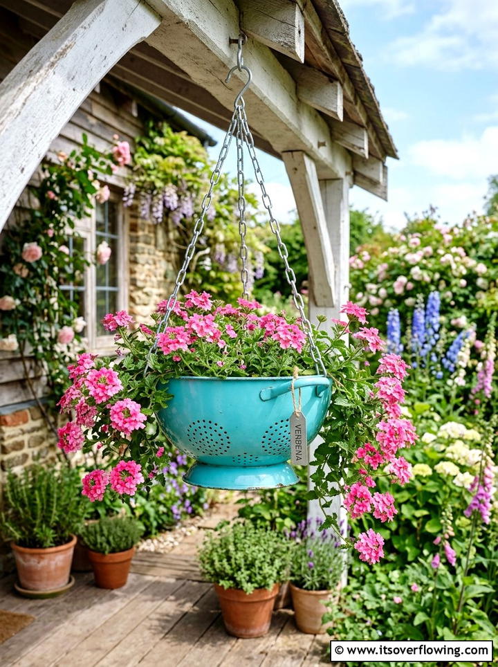 Colander hanging basket - 25 cheap garden ideas with recycled materials