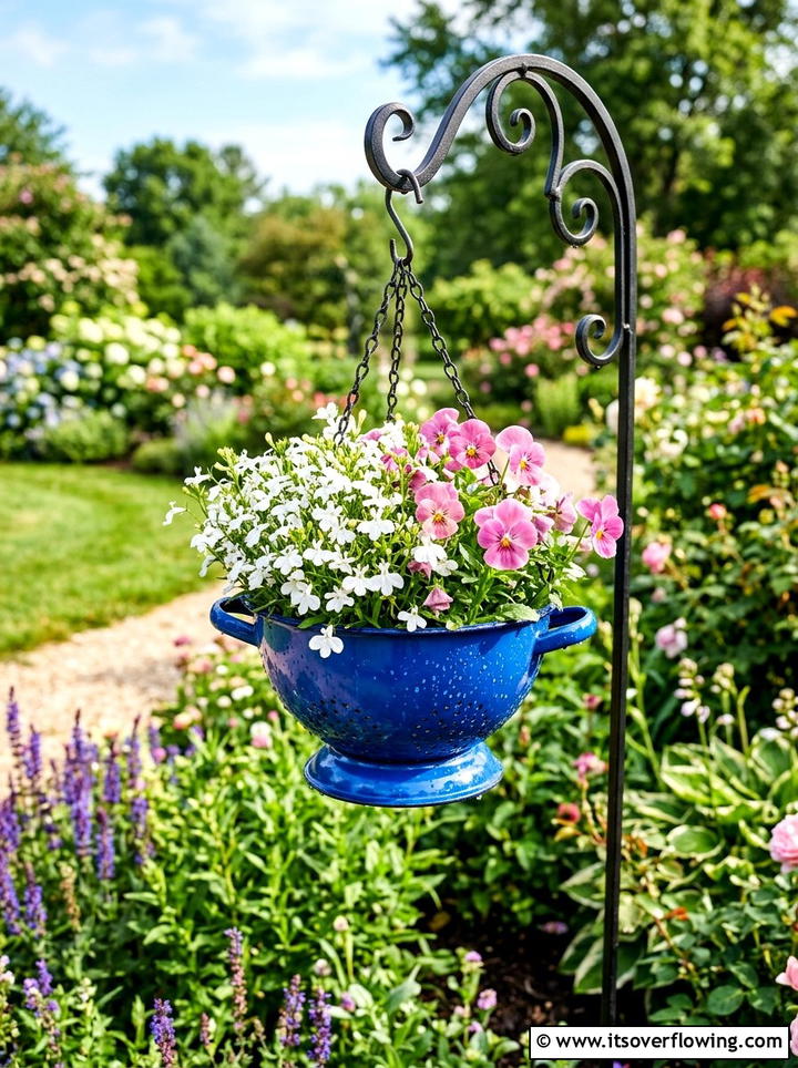 Colander hanging basket - 25 cheap garden ideas with thrifted decor
