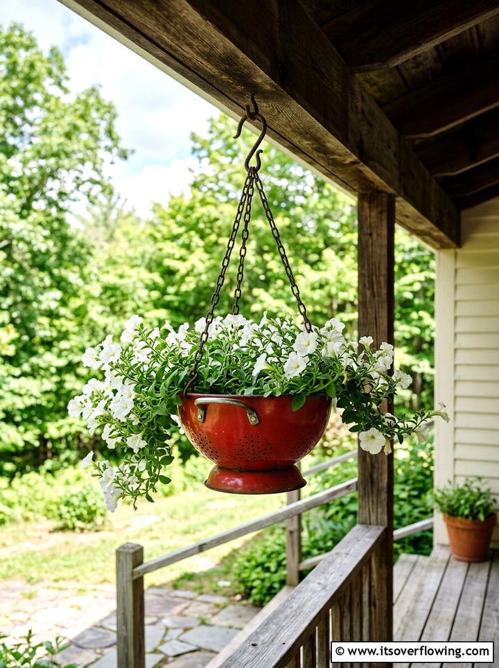 Colander hanging basket - 25 recycled garden ideas for porch decor