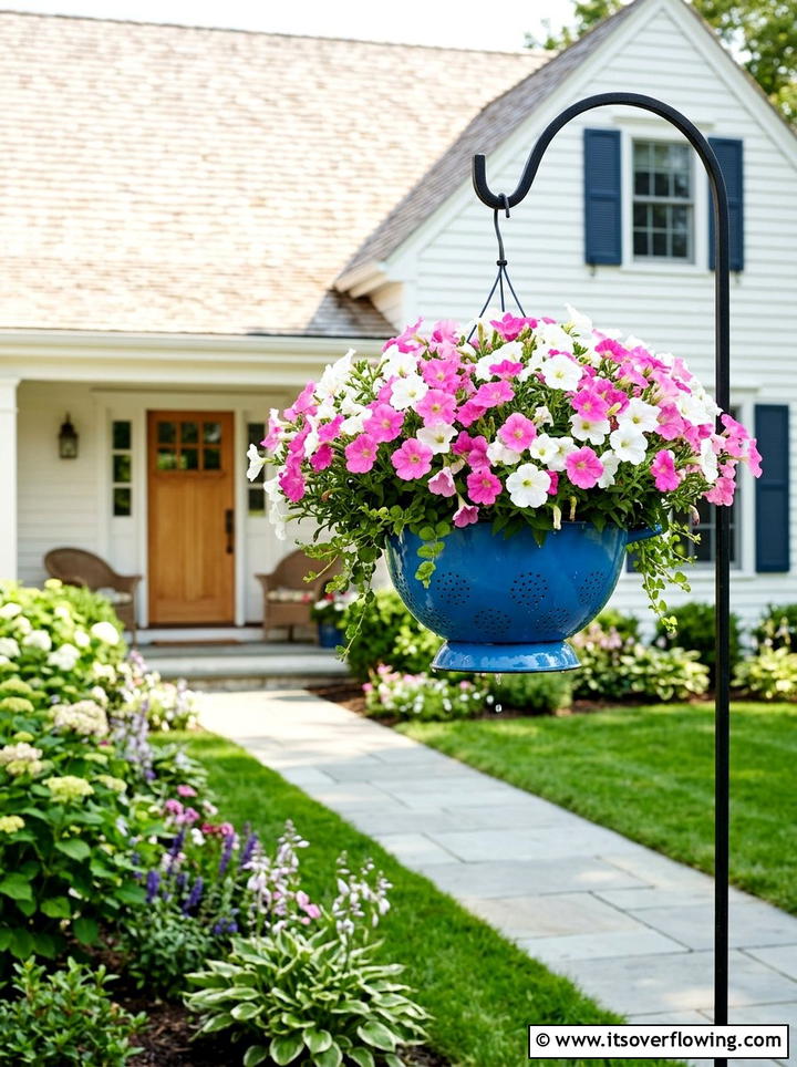 Colander hanging basket for petunias - 25 recycled garden ideas with old colanders