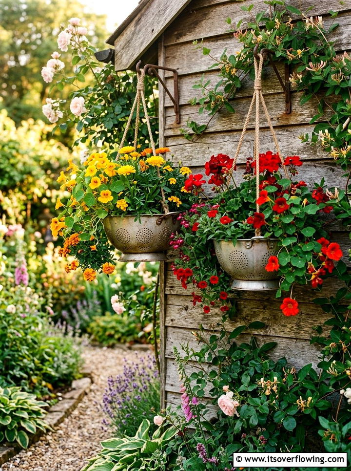 Colander hanging baskets recycled kitchenware - 25 cheap garden ideas with hanging baskets