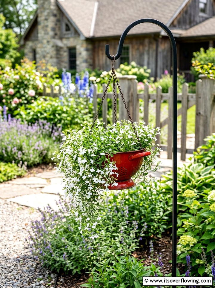 Colander hanging flower basket - 25 reusing old things ideas for garden art