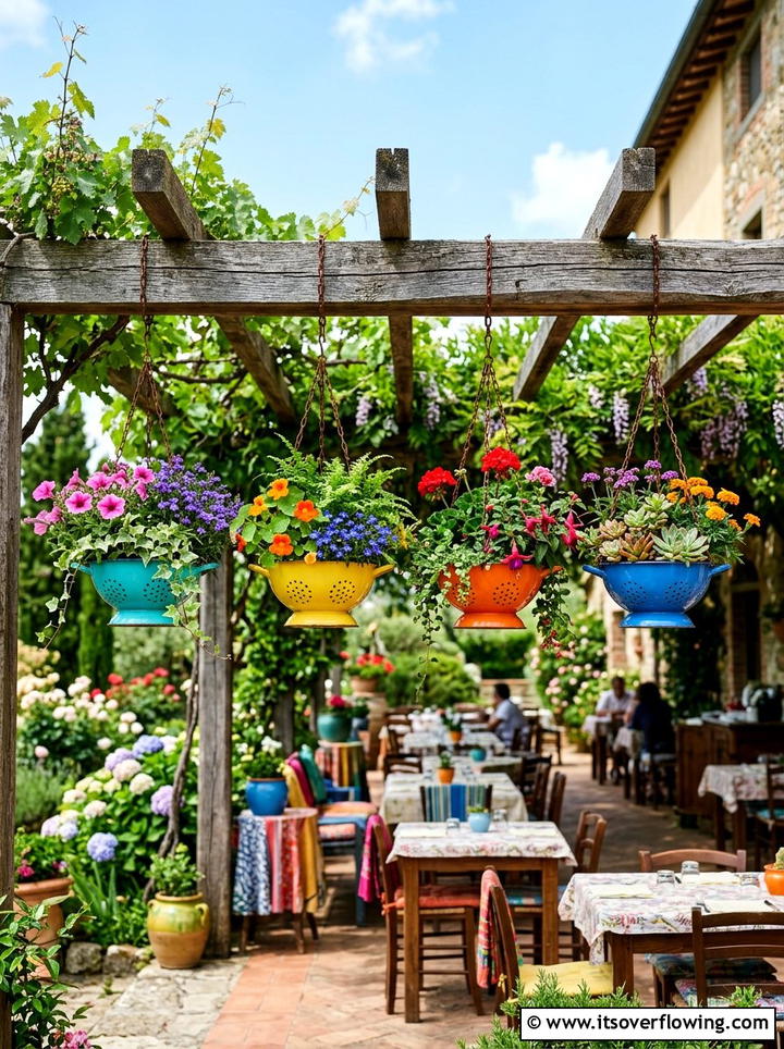 Colander hanging flower basket - 25 reusing old things ideas for boho garden look