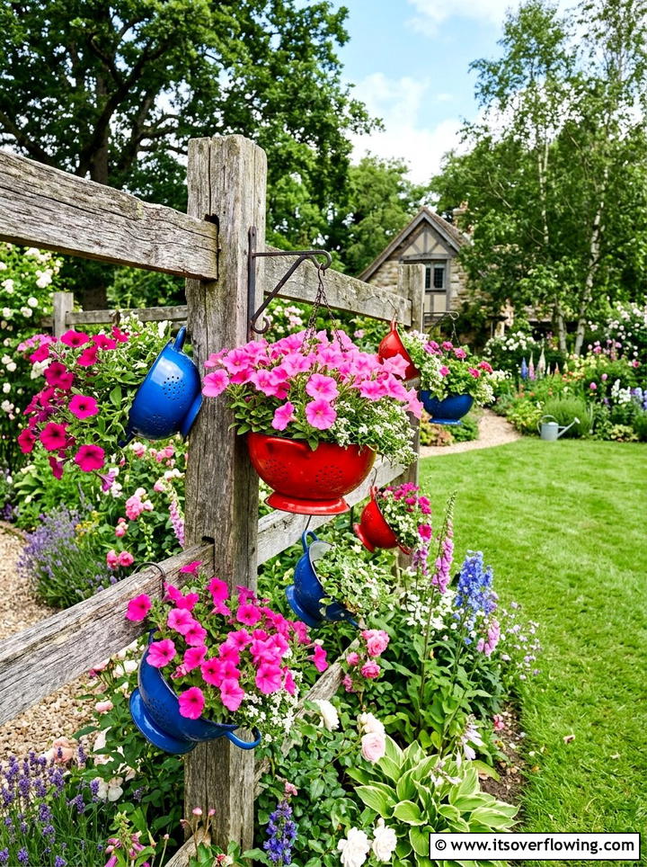 Colander hanging planter - 25 upcycled garden ideas with hanging planters