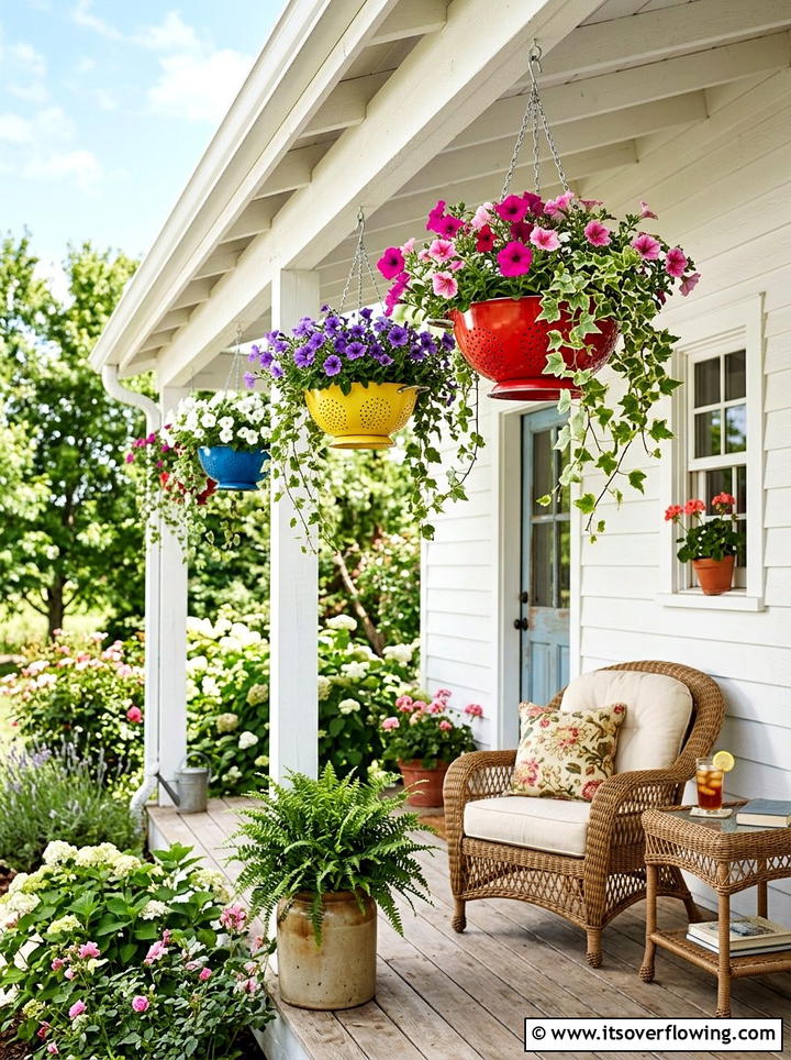 Colander hanging planter - 25 cheap garden ideas with repurposed containers