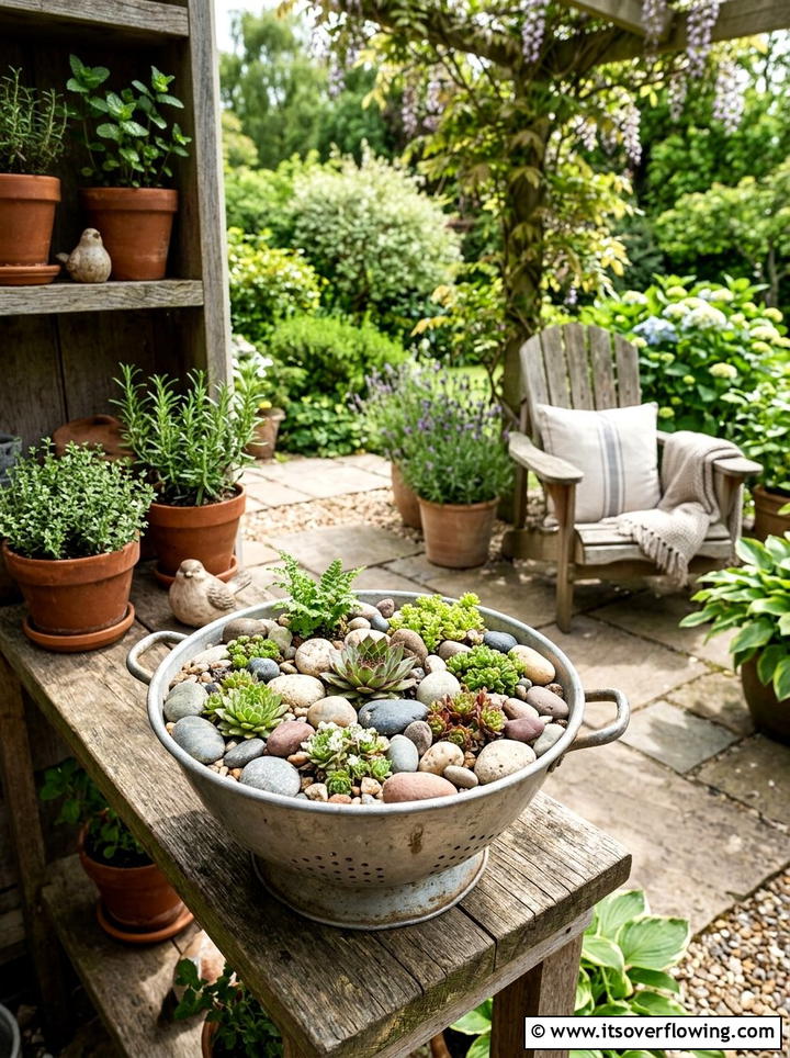 Colander rock garden - 25 recycled garden ideas with old colanders