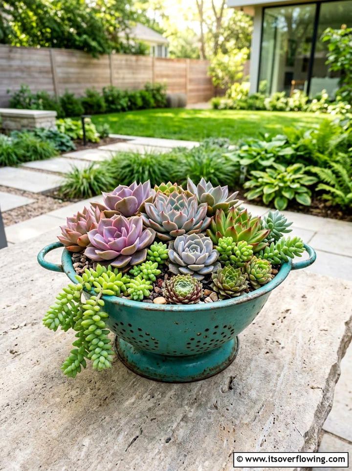 Colander succulent garden - 25 recycled garden ideas with old colanders