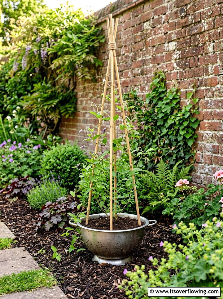Colander trellis support - 25 upcycled garden ideas with old colanders