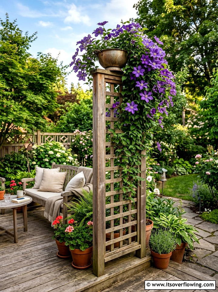 Colander trellis topper - 25 recycled garden ideas with old colanders