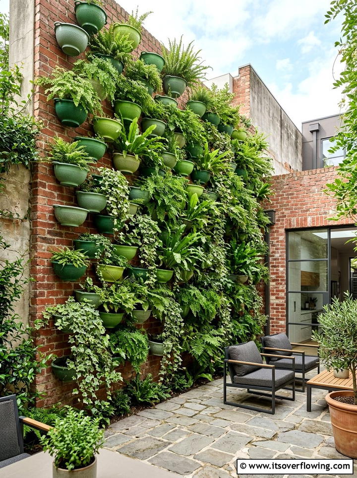 Colander vertical garden wall - 25 recycled garden ideas with old colanders