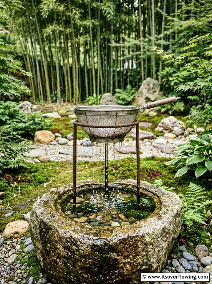 Colander water feature fountain - 25 recycled garden ideas with old colanders