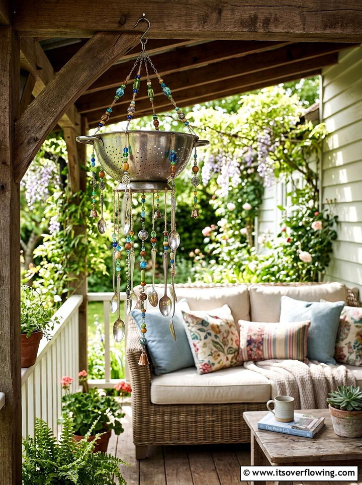 Colander wind chime - 25 upcycled garden ideas with old colanders