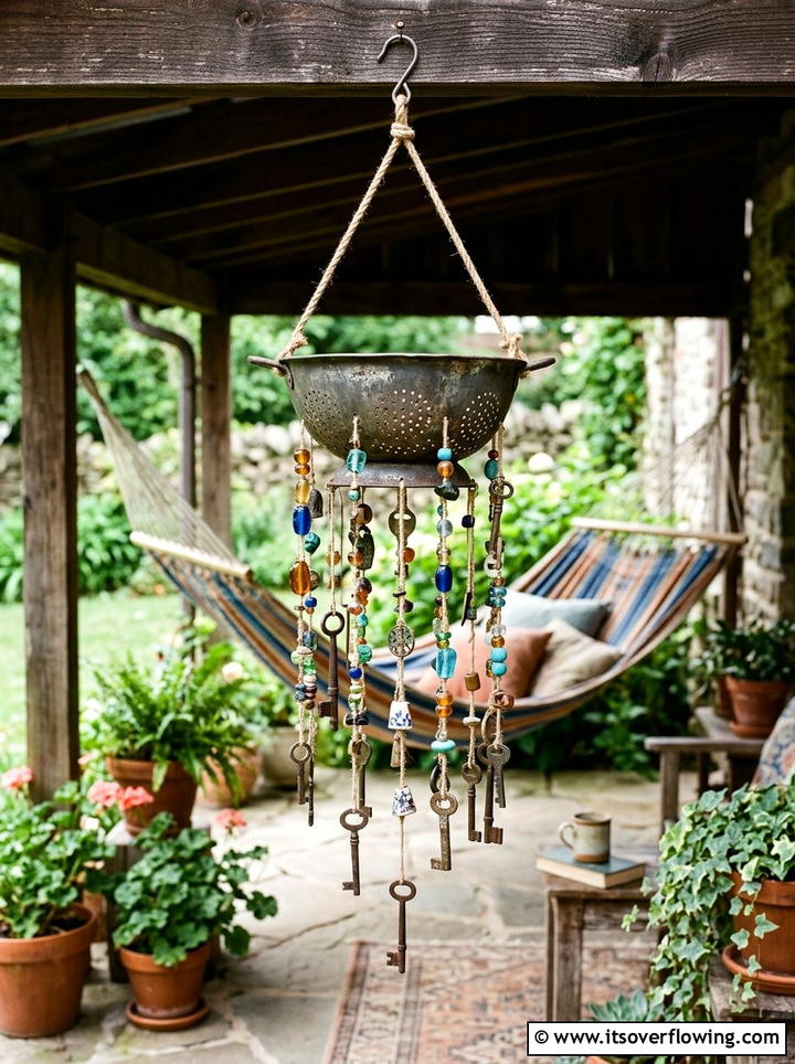 Colander wind chime - 25 recycled garden ideas with old colanders